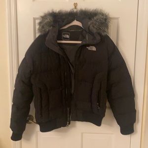 The North Face Black women’s bomber jacket size large, removable hood